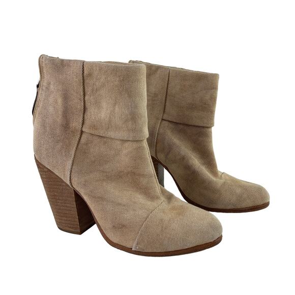Rag & Bone Newbury Linen Taupe Heeled Ankle Booties Wooden Block Heel Size 37.5 - Picture 1 of 9